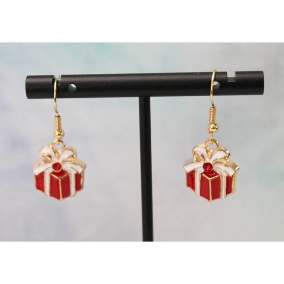 Small Enameled Christmas Present Earrings E121 - Picture 2 of 3